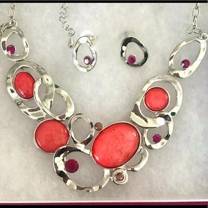Necklace & Earring Set - Coral & Silver Tone